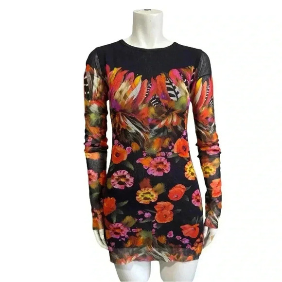 Vintage 90’s FUZZI black neon bodycon dress floral feathers mesh large NWT - Picture 1 of 16